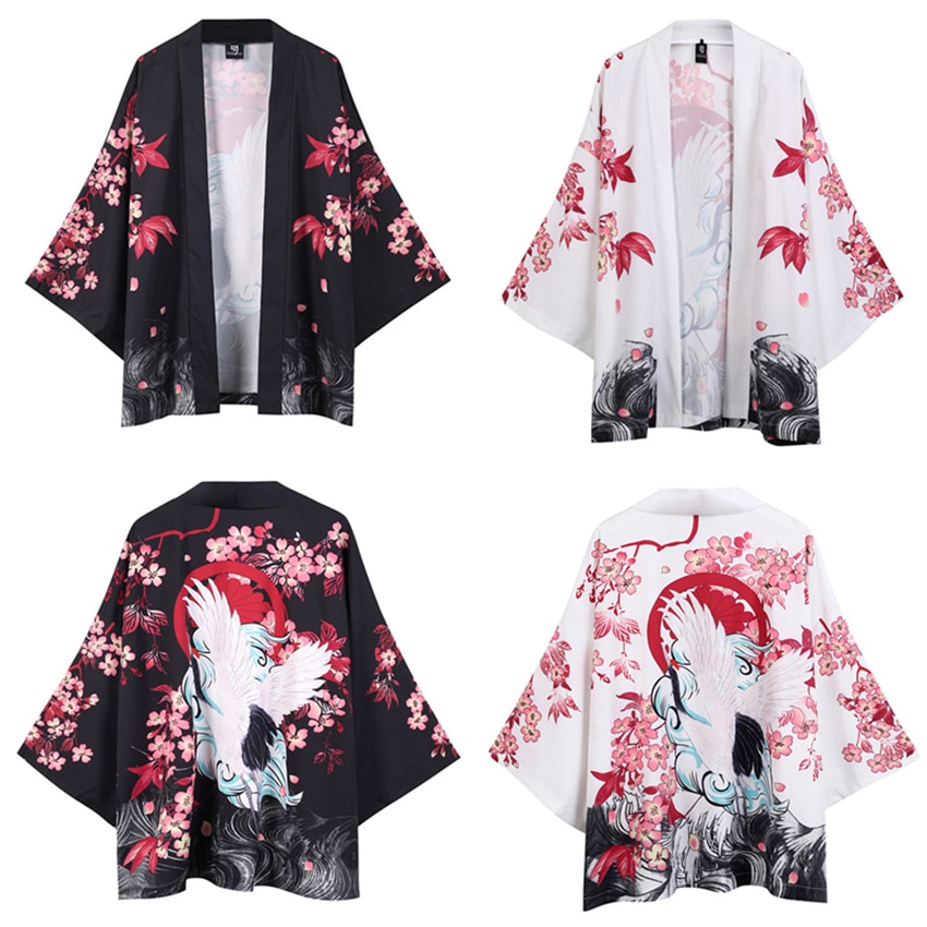 White Black Japanese Traditional Kimono for Man Crane Sakura Print Haori Cardigan Sunscreen Coat Robe Streetwear