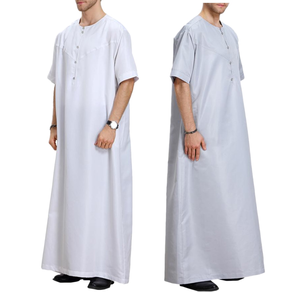 Mænds korte ærmer solid afslappet muslimsk arabisk thobe fuld længde tø kaftan