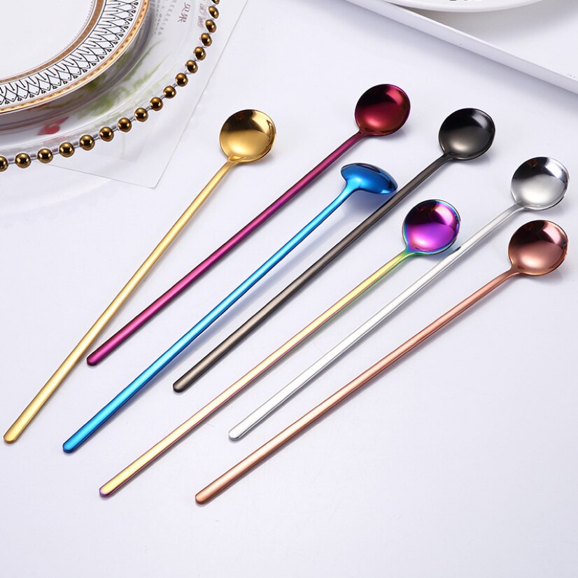 Coffee Tea Stirring Spoon Stainless Steel Dessert Bar Spoon Long Handle Milk Ice Cream Spoon Golden Tableware Household Utensils
