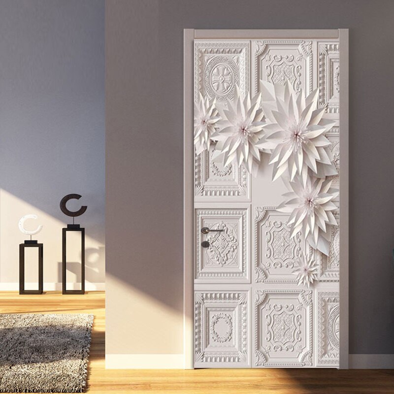 Autocollant de porte autocollant 3D Stéréo Fleurs blanches Murale