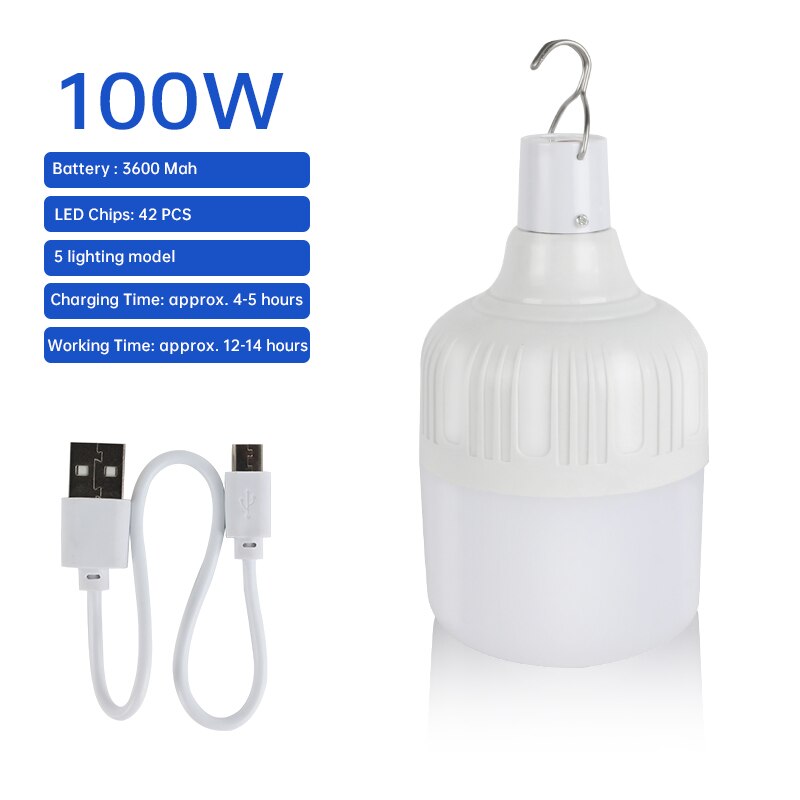 Bærbar utendørs pære usb oppladbar ledet nødlys telt lampe batterilanter bbq camping lys til uteplass / veranda / hage #: 100w