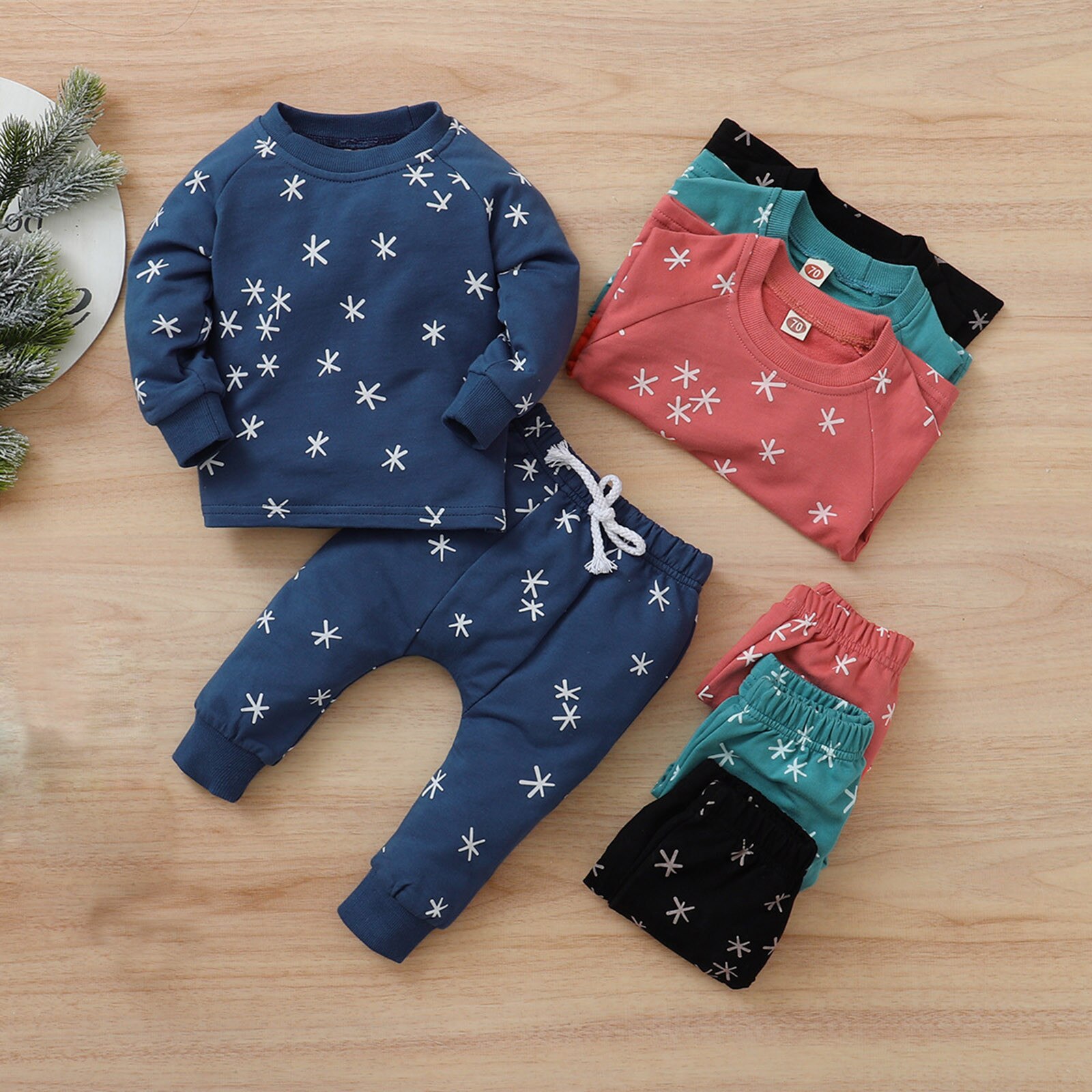 Toddler Infant Kids Baby Boys Girls Nightwear Long Sleeve O-Neck Star Printed Pullover Tops+Pants Home Outfits Set#p4