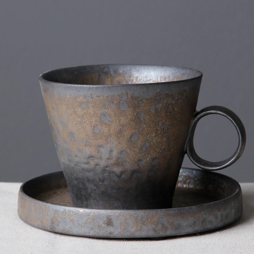 Japansk stil grov keramik retro kontor temuggar vintage handgjorda vattenkopp kaffe mjölk drinkware: Set 3 - svart