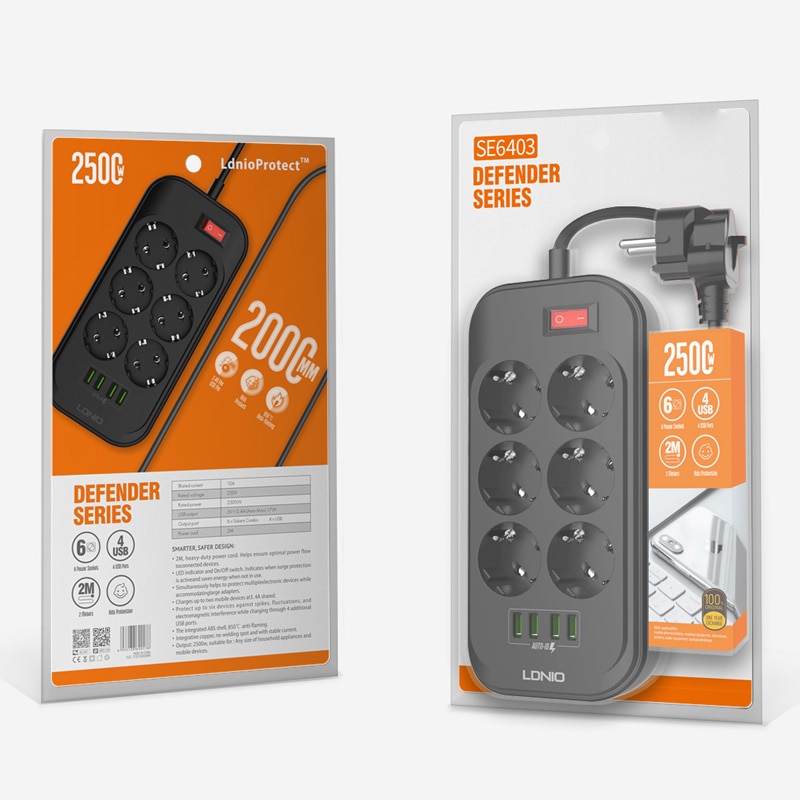 Eu-stekker, elektronische stekkerdoos, snel opladen, 3 usb-aansluitingen , +6 stopcontacten voor telefoons, 2500w 250v 2m verlengkabel, netwerkfilter