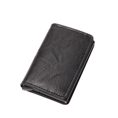 Anti-rfid visitekaartjeshouder rood/zwart/geel/bruin/blauw pu leer + legering creditcardhouder hoesje kaarten komen automatisch omhoog: Zwart