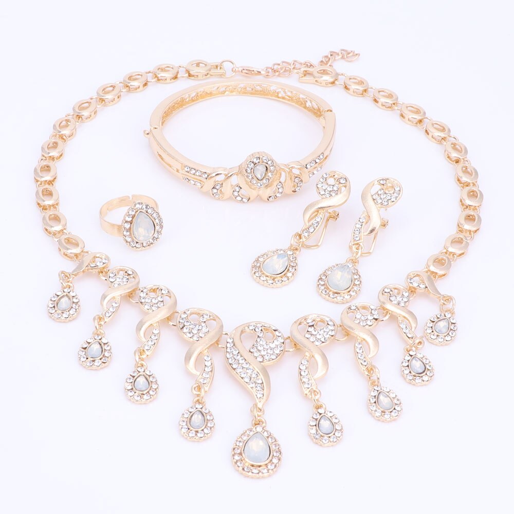 Gold Color Crystal African Beads Jewelry Sets For Women Dress Accessories Wedding Bridal Necklace Earrings Bracelet Ring Sets: White Set