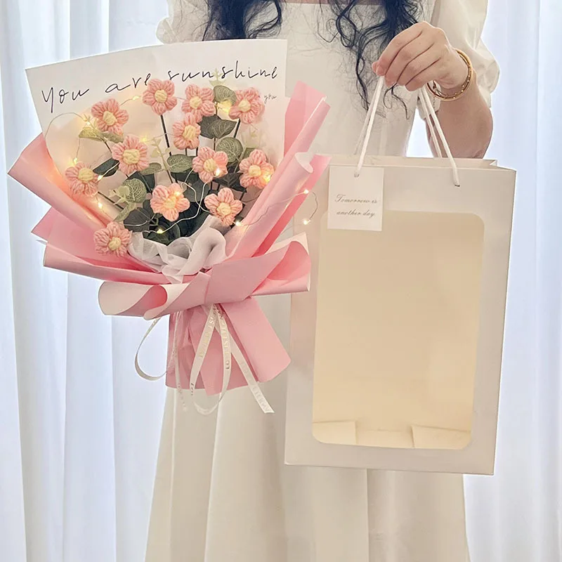 Afgewerkt Afstudeerbloemenboeket Gebreid Bloemenboeket Met Cadeautasje Lamp String Festival Moederdag Handgemaakte