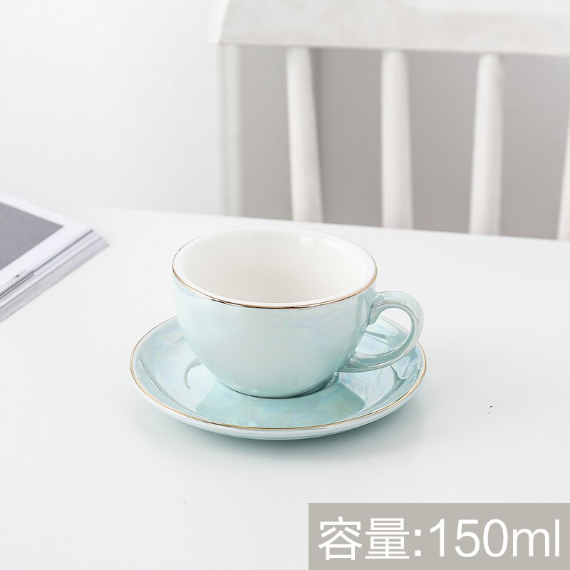 Europese Keramische Kopje Koffie Gold Lijn Parel Glazuur Koffiekopje Schotel Set Thuis Cafe Plezier: Sky blue-150ml