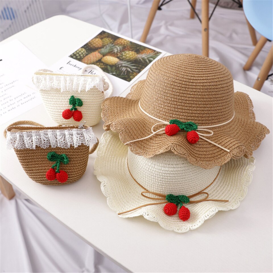 Baby Outdoor Sunscreen Straw Hat Straw Bag Set Cute Cherry Decoration Photography Fisherman Cap Lace Side Shoulder Straw Bag