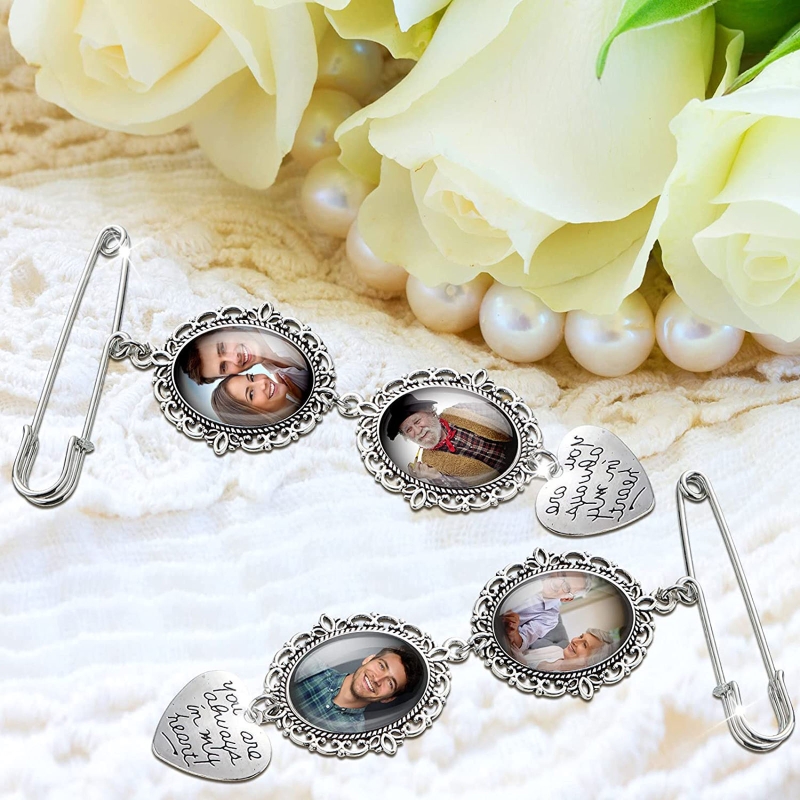 Wedding Boutonniere Boeket Foto Memorial Charm Pin Ronde Moeder Van De Bruid Voor Bruidegom Bruid Met Hart Hanger