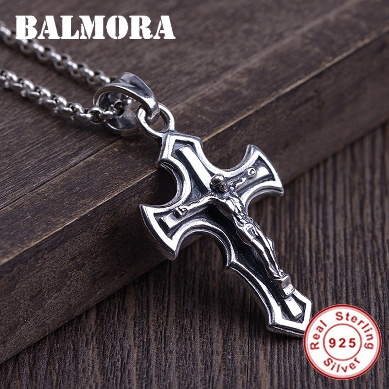 BALMORA 925 Sterling Zilveren Kruis Religieuze Hanger voor Mannen Punk Stijl Christian Sieraden Accessoires Zonder een Ketting