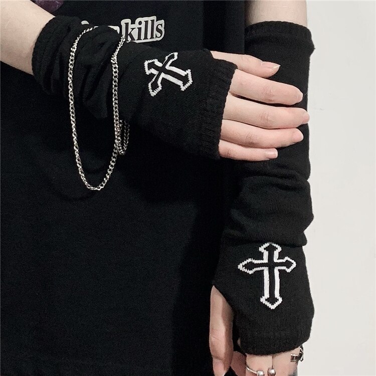 Gothic Harajuku Punk Stijl Zwarte Cross Print Half Vinger Lange Handschoen Meisje Lengte Mouw Vingerloze Handschoenen Mode Streetwear