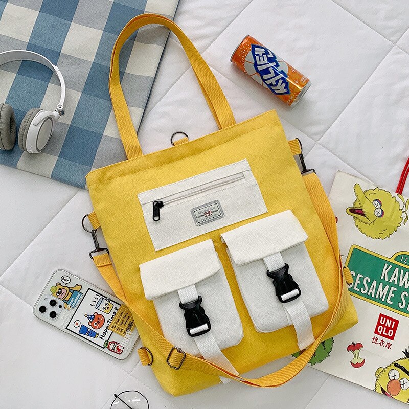 Student Backpack Book Bag Large-capacity Canvas School Class Female Bag Girls Canvas Shoulder Messenger Crossbody Bag: YELLOW