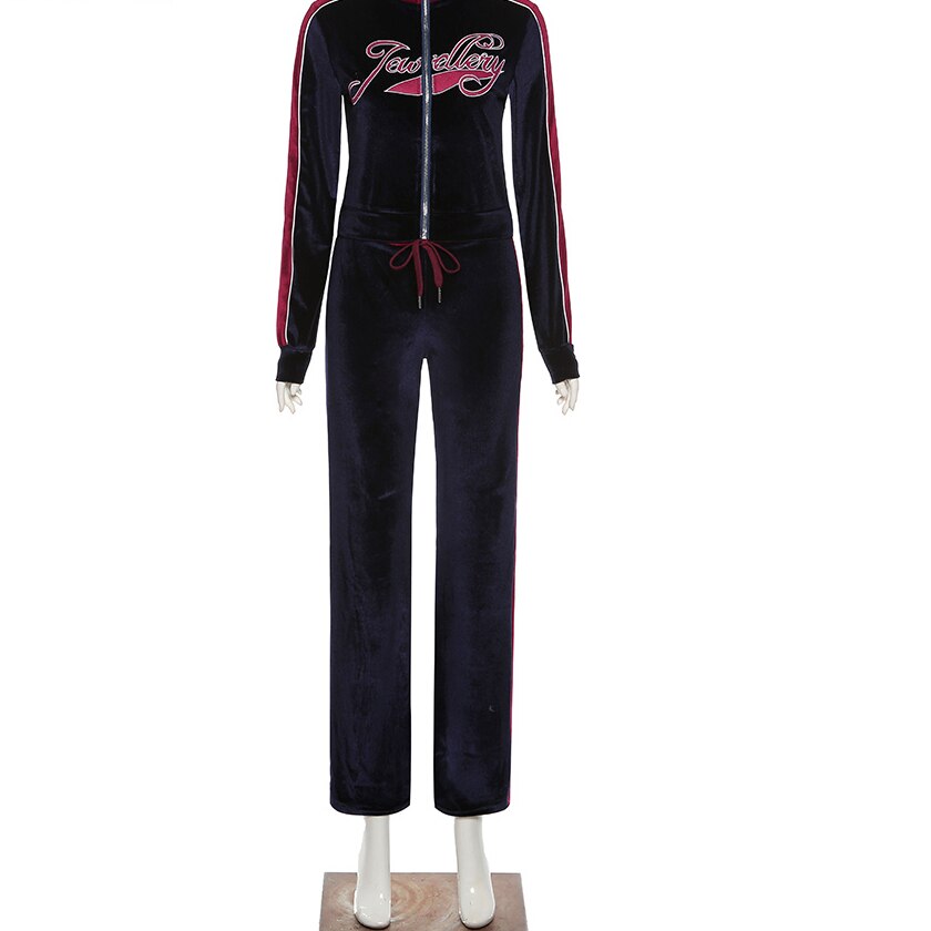 Chándal de terciopelo con letras estampadas para mujer, conjunto de 2 piezas, sudadera + pantalones de chándal rectos a juego, ropa de calle deportiva para Fitness: DBU / L