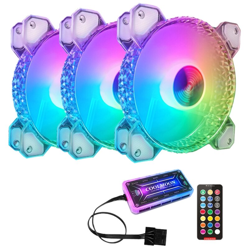 COOLMOON Crystal Diamond RGB Fan Sets, 12cm Silent Long-Life Rgb Luminous Chassis Cooling Fan Set for PC: Standard controller