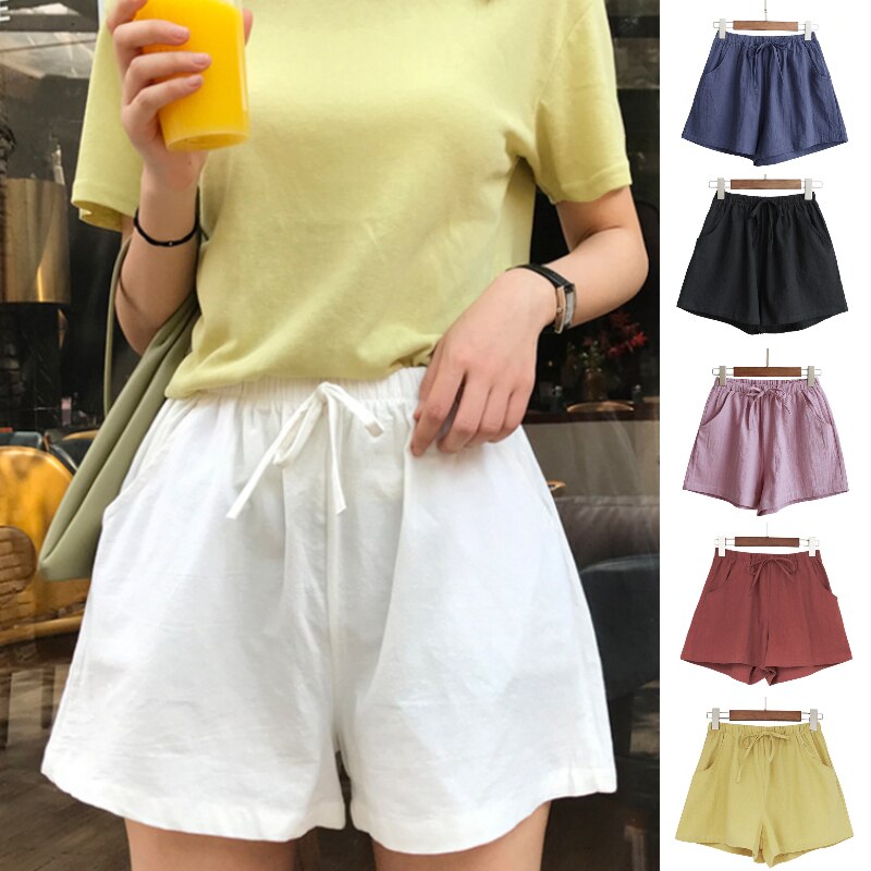 Frauen Baumwolle Leinen kurze Hose Sommer Laufhose Feminino frauen Elastische Taille Hause verlieren Beiläufige kurze Hose Mit Tasche