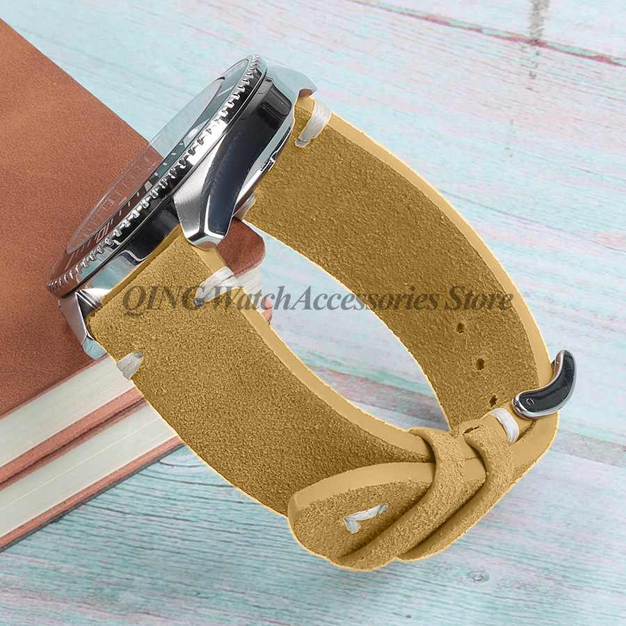 Suède stiksels lederen horlogeband 18mm 20mm 22mm Quick Release Vintage armband blauw bruin horlogeband vervanging: GOLD / 18mm