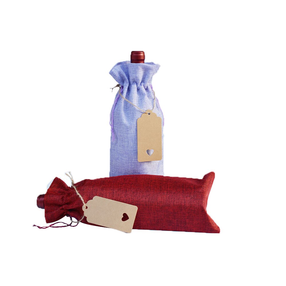10 pcs/lot bouteille de vin couvre cordon sac avec étiquette coeur ensemble toile de jute pochettes en lin pour noël mariage décoration sac de rangement