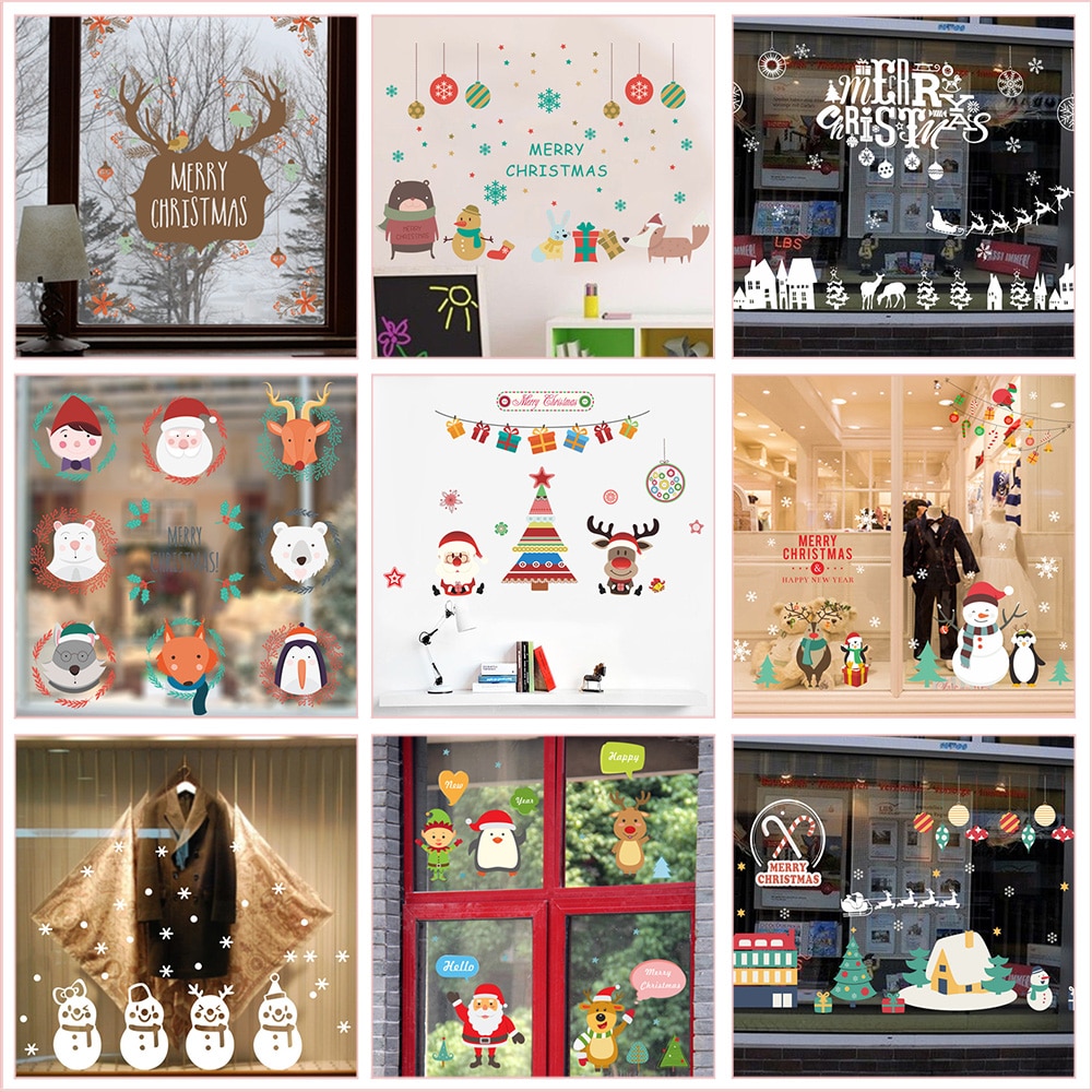 Kerst Elements Muurstickers etalage Office Home Decoratie Diy Kerstman Rendier Sneeuwpop Xmas Tree Snowfake Decal