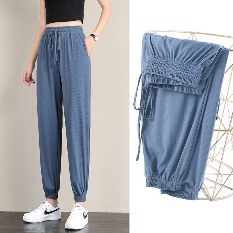 Zomer Vrouwen Sport Broek Ice Zijde Effen Cool Loszittende Dunne Casual Broek Draperen Afslanken Grote-Size breed-Been Bloeiers: blue / Xl