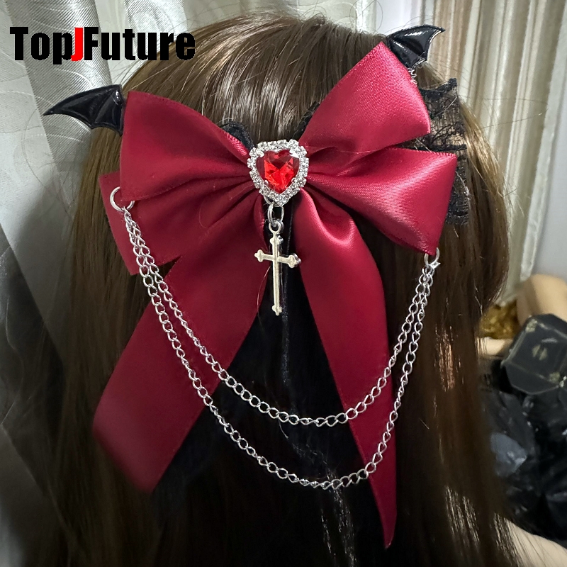 Gothic dark punk Subculture Abi y2k Millennium Girl lovely Little Devil cross Pendant Chain Lace hairgrips Hairpin clip : Red