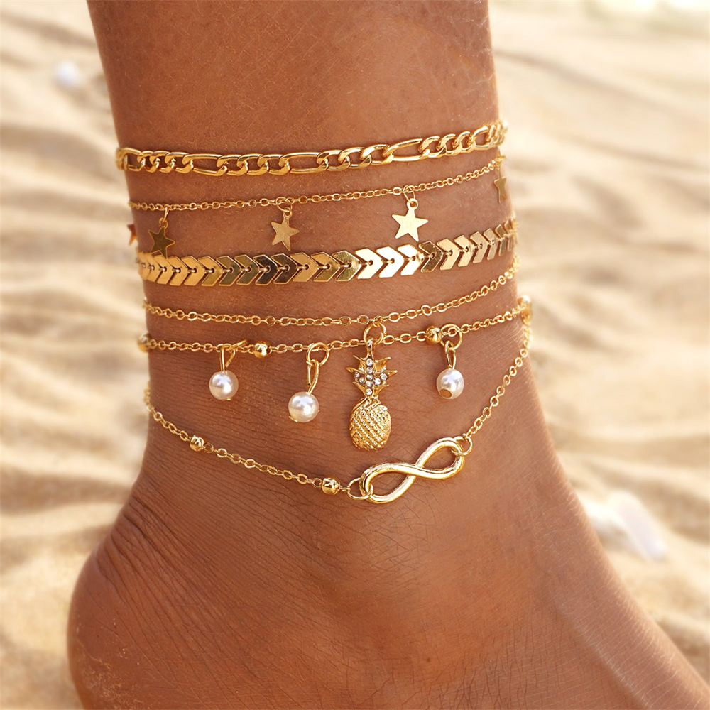 FNIO-Conjunto de tobilleras con dijes bohemios para mujer, pulsera de tobillo con luna y estrella en la pierna, cadena de pie, joyería de playa femenina: Color amarillo claro