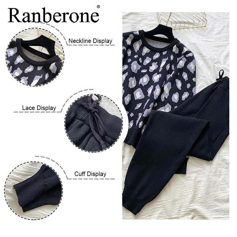 Ranberone leoparden-trainingsanzug für damen, herbst/Winter, Sweatshirt und Schlauch, Joggen-Outfit , 2- teiliges einstellen