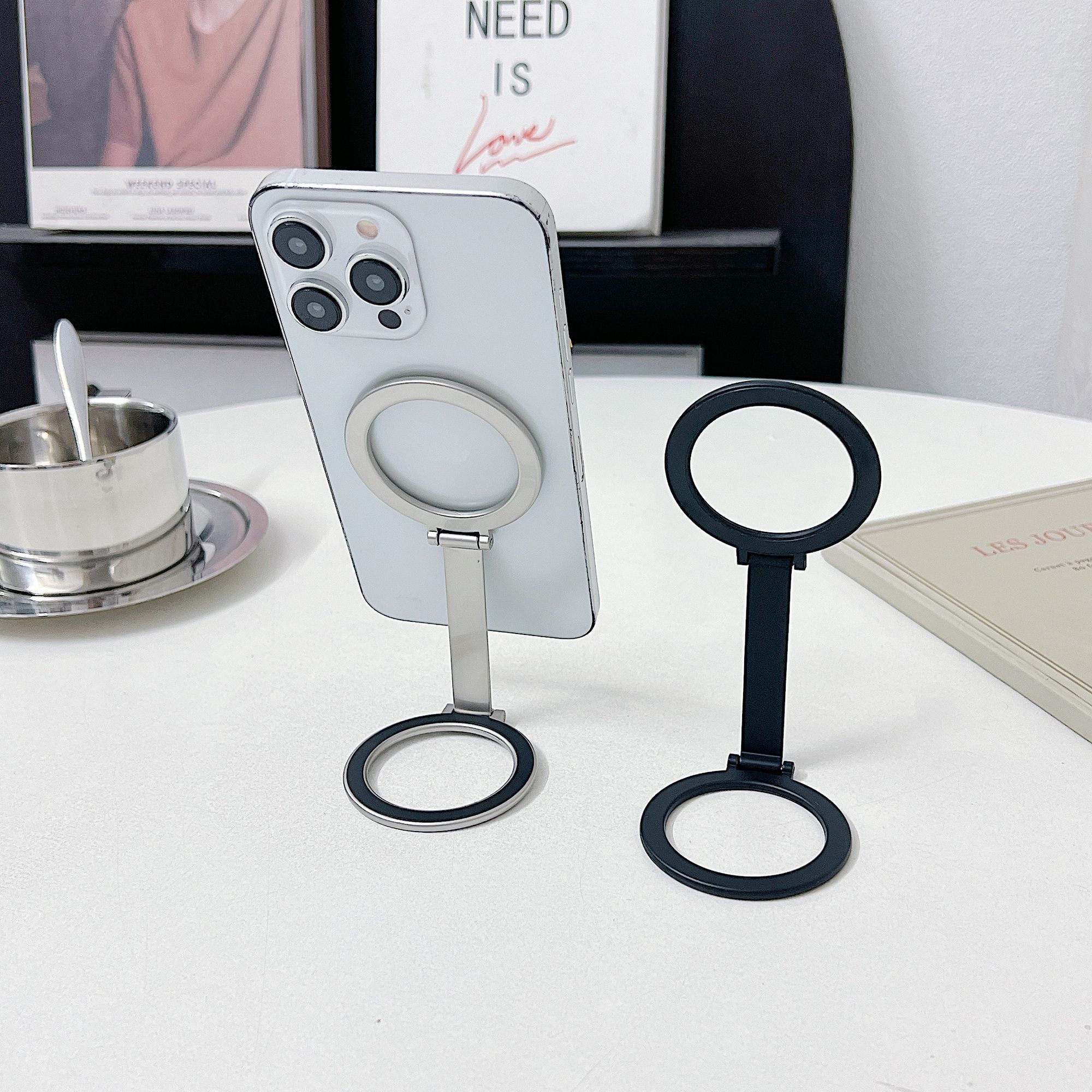 Double-sided Strong Magnetic Magsafe Phone Holder Stand for iPhone 15 14 13 12 360 Rotating Desktop Folding Phone Holder