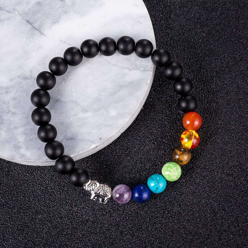 8Mm Kleurrijke 7 Chakra Armband Frosted Transparante Kraal Olifant Yoga Energie Armband Mannen En Vrouwen Geloof armband: Black frosted stone