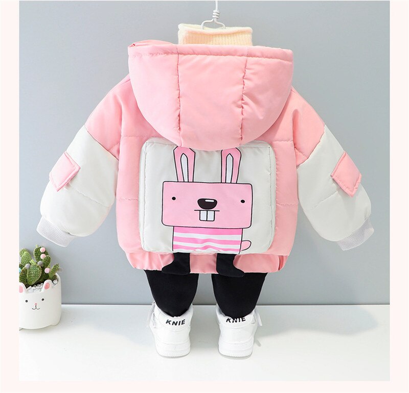 Chaqueta de invierno de dibujos animados de conejo para niños, Abrigo con capucha para niños, niñas, rompevientos, ropa gruesa acolchada de algodón: Rosa / 110CM