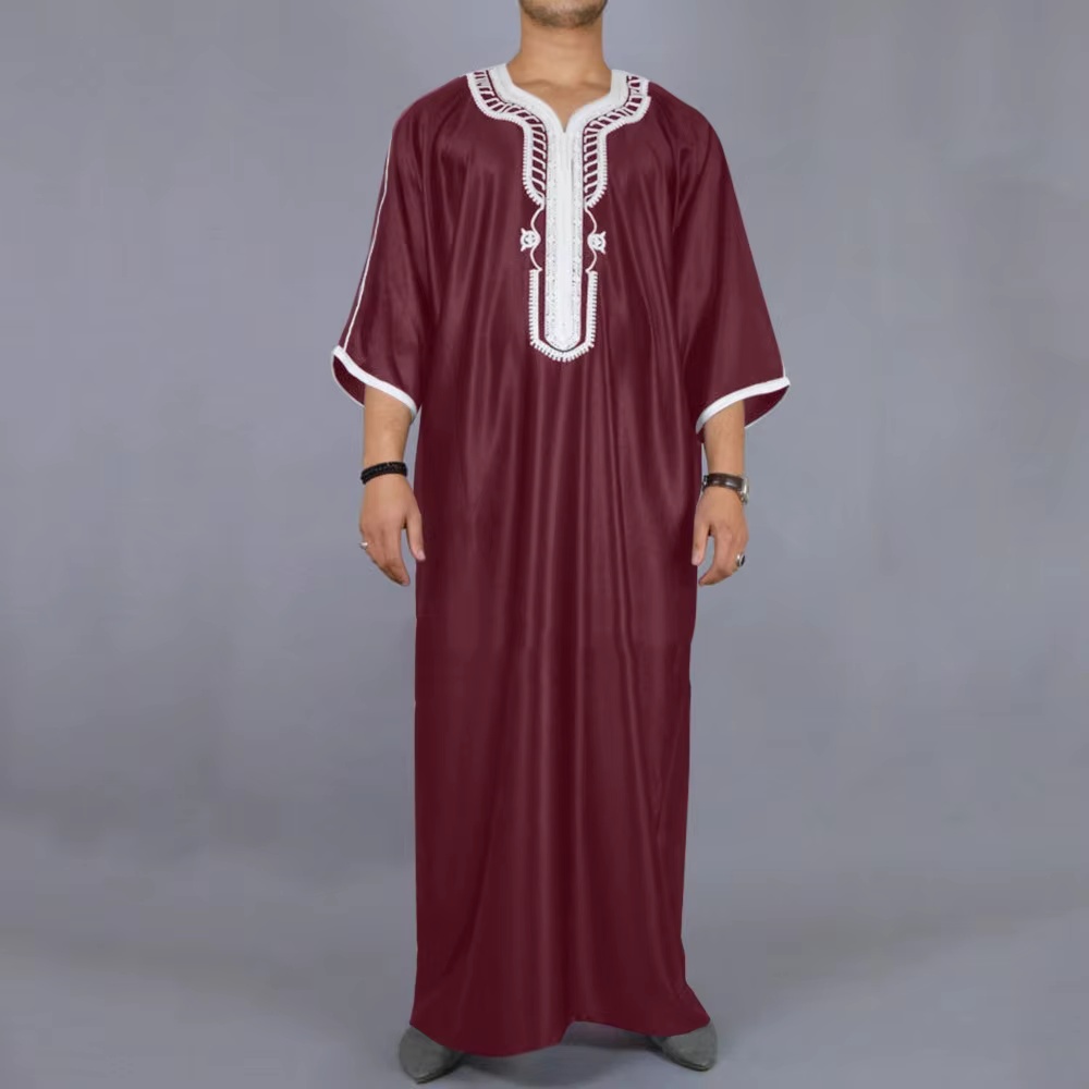 Bata de lujo musulmana de estilo marroquí para hombre, bata exclusiva tradicional Eid al Fitr, bata holgada con bordado simple para hombre: S / Rojo