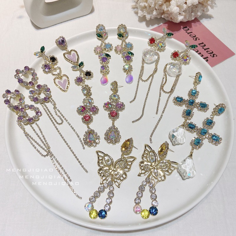 Mengjiqiao Koreaanse Luxe Bling Crystal Heart Lange Rhinestone Tassel Oorbellen Voor Vrouwen Elegante Pendientes Sieraden
