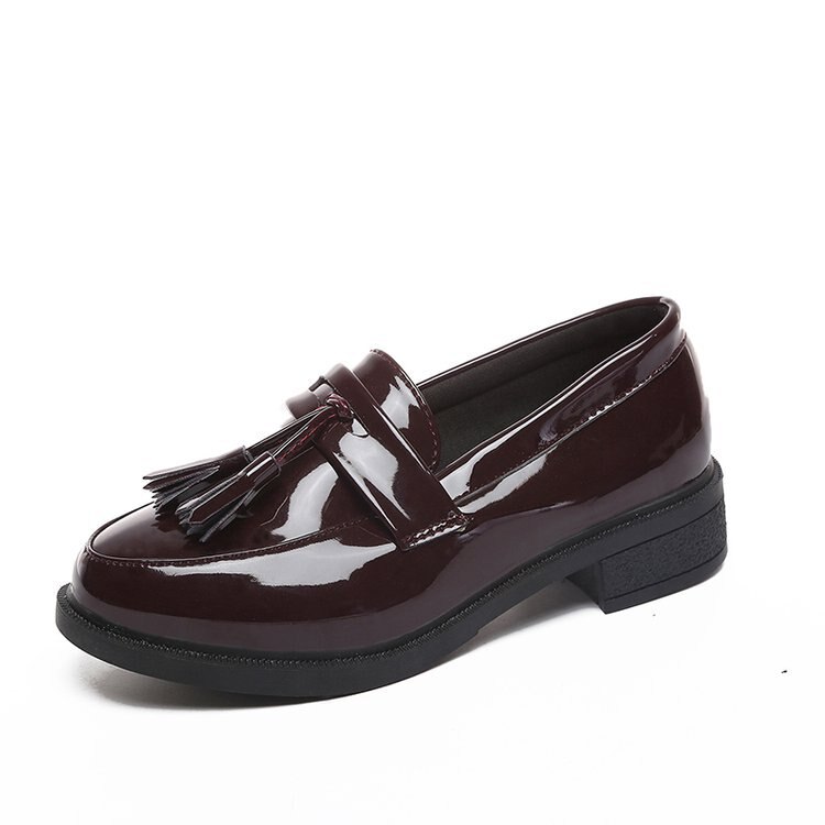 Ronde neus britse stijl damesschoenen vintage franje lakleren dames loafers dikke hakken platte schoenen  a827: Wijnrood / 5