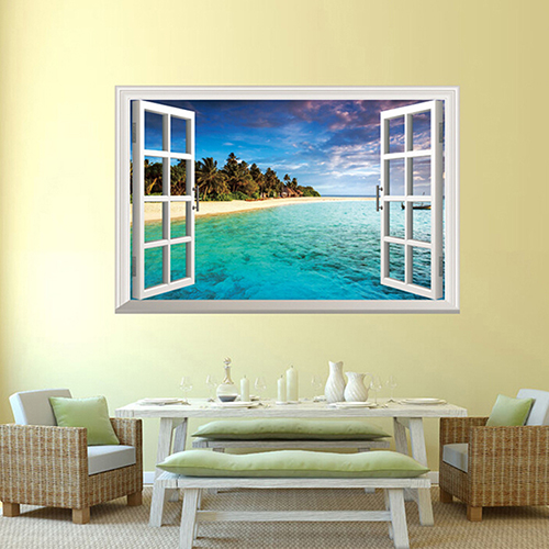 Autocollant Mural 3D en fausse fenêtre exotique, pour décoration de la maison, décoration artistique