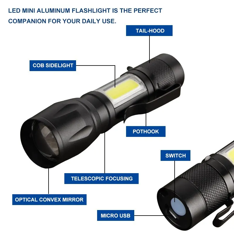 Lampe Torche LED Haute Puissance - Rechargeable USB - Portable - Étanche - Neuf