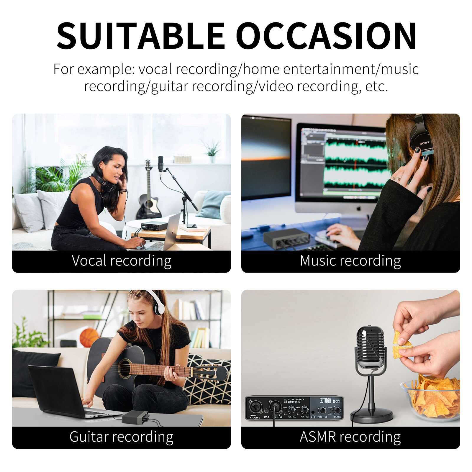Xtuga  e22 audio interface lydkort med overvågning, elektrisk guitar live optagelse lydkort til studie, sang