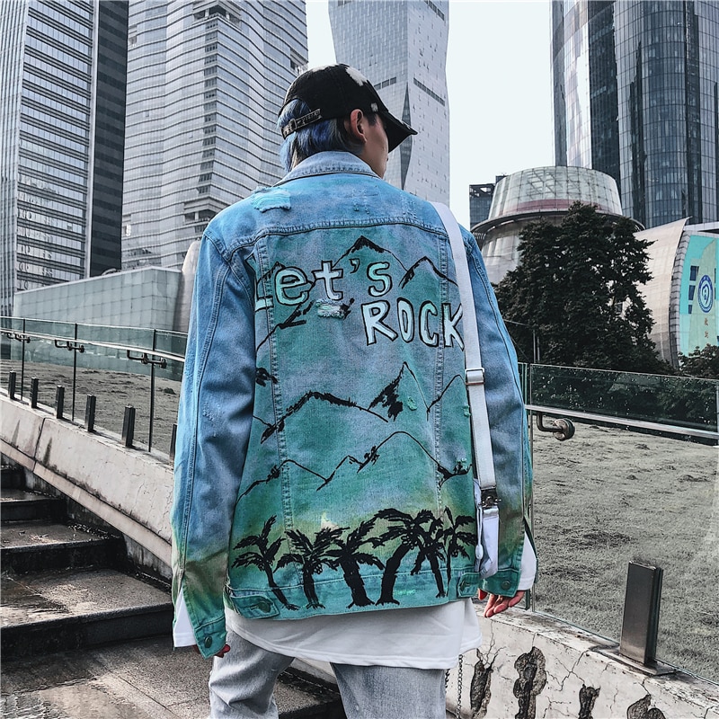 Hip Hop Printed Denim Jackets Mens Streetwear Ripped Denim Jacket for Men Fashionable Men&#39;s Clothing Jackets and Coats