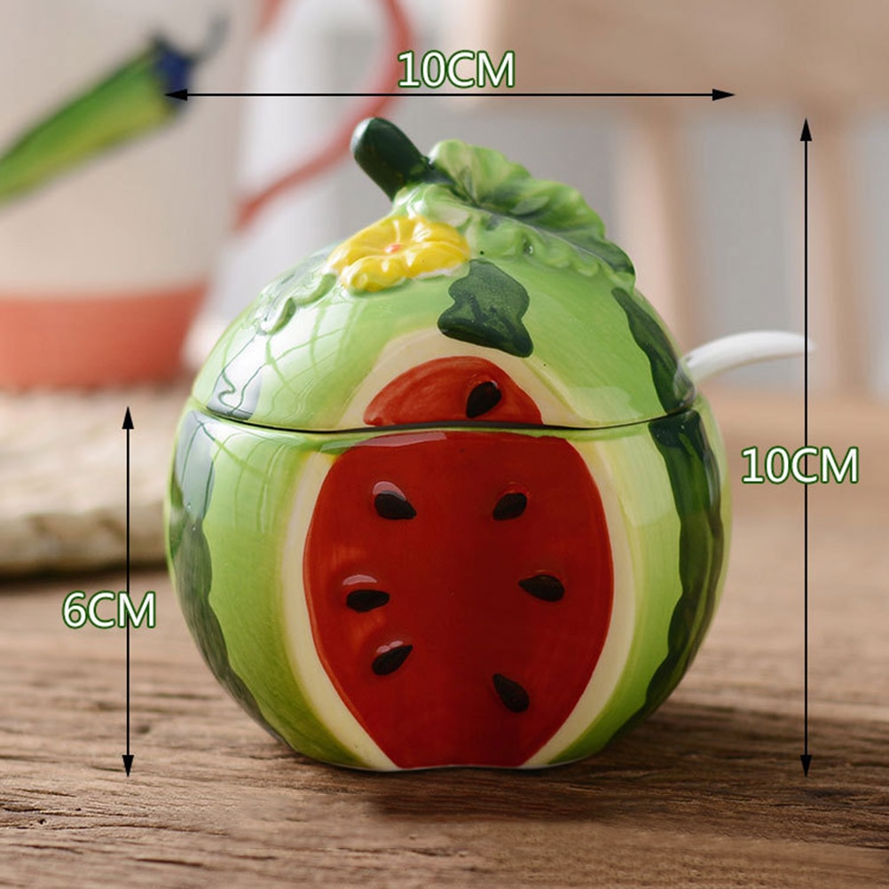 Keramisk kryddburkflaska söt fruktmelonform förvaringstank köksdekoration levererar sockerskål med lock och sked