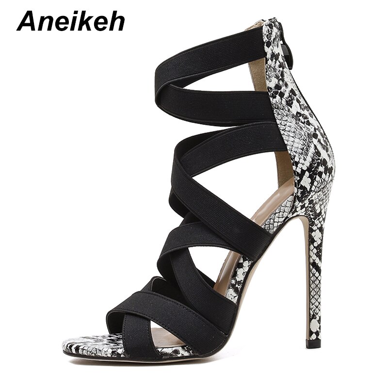Aneikeh été femmes chaussures sandales croisées Stretch tissu Rome fermeture éclair talons minces bride à la cheville fête bout rond 35 ~ 40