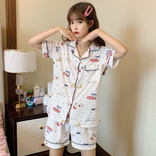Autumn Summer Women Pajamas Set Short Sleeve Cartoon Girls Sleepwear Set Female Loungewear Cute Women Pyjamas Set: X SX 513 / L