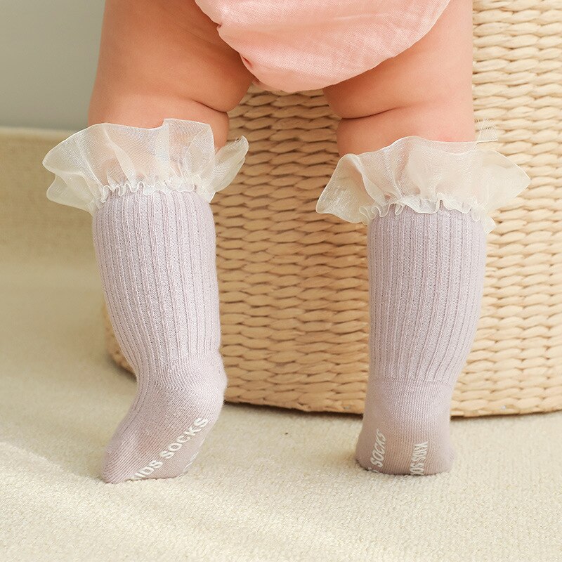 Newborn Baby Socks Infant Kids Knee High Ruffle Girls Sock Toddler Anti Slip Cotton Infant Long Frilly Lace Socks for 0-3Years