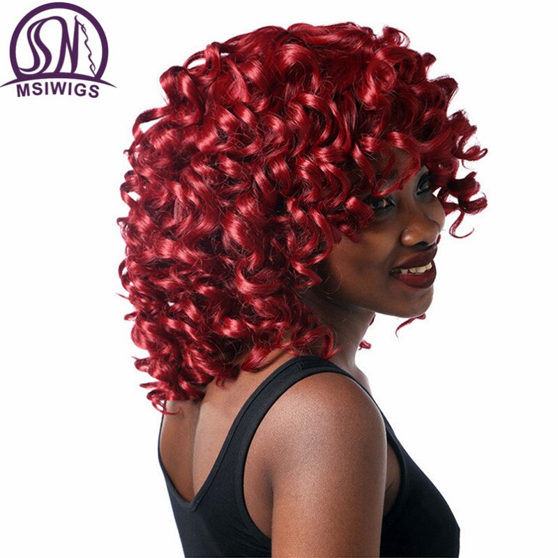 MSIWIGS Afro Red Curly Wigs for Black Women American African Medium Natural Full Synthetic Wig with Bangs Heat Resistant