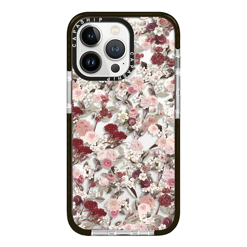 Funda pequeña de flores rosas rojiza para iPhone 16 15 14 13 12 11 Pro X XS XR Max 7 8 Plus SE, funda trasera suave de TPU a prueba de golpes: POLIÉSTER / Negro