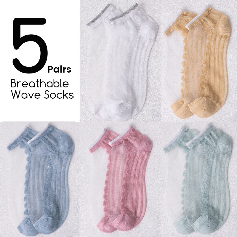 5Pairs/Lot Women Socks for summer Ultra-thin Transparent Cass Glass fiber Silk Socks daisy Flower Japan Ankle Socks: 382-wave