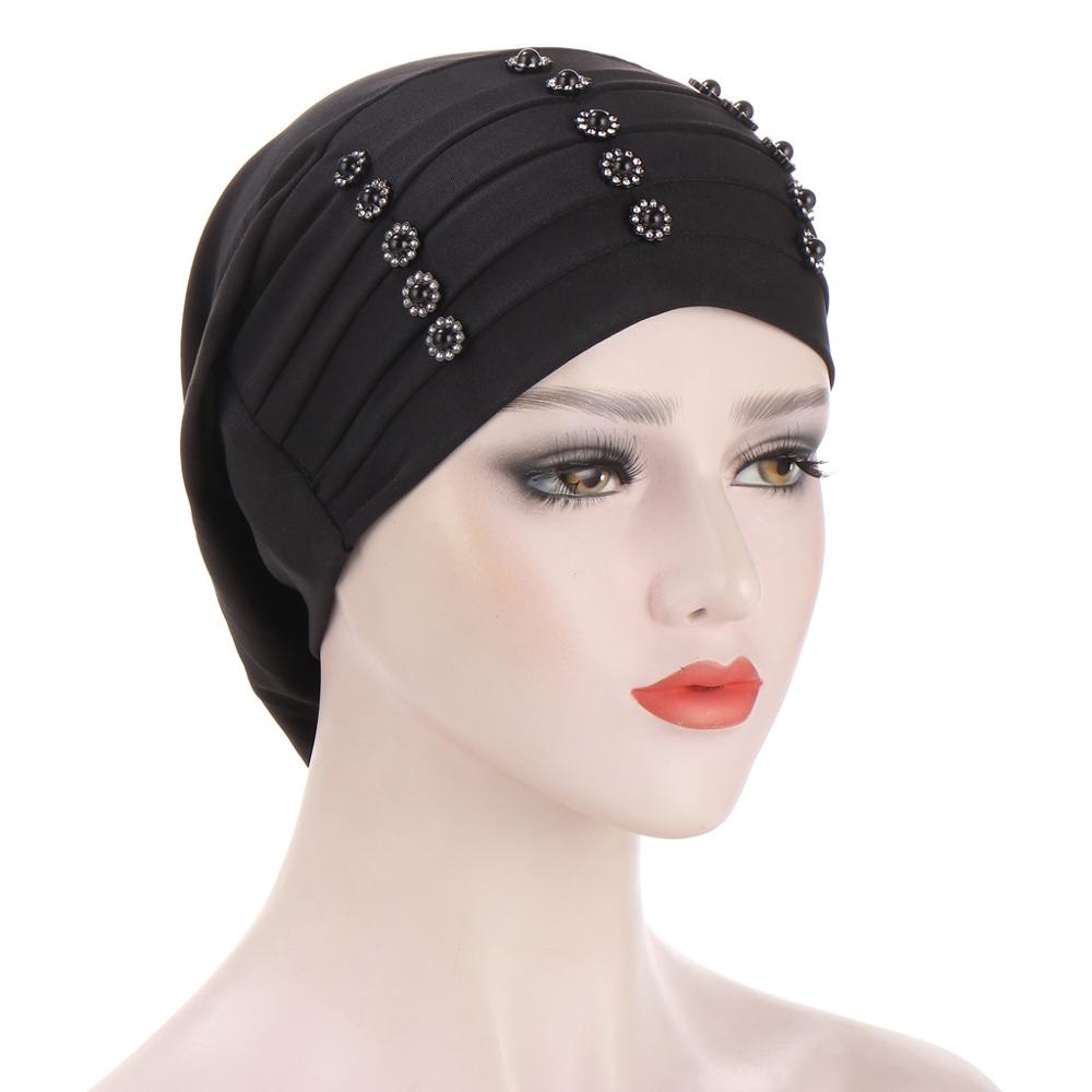 Vrouwen hoofddoek tulband mutsen parels hijab muts rekbare binnen hijabs moslim hoofddoek hoed vrouwelijke onderdoek mutsen: 2
