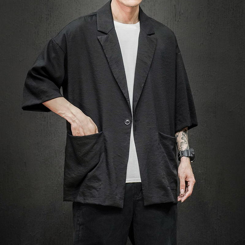 Lente en zomer jeugd populaire heren losse effen kleur zeven punt mouw pak casual dunne jas jas