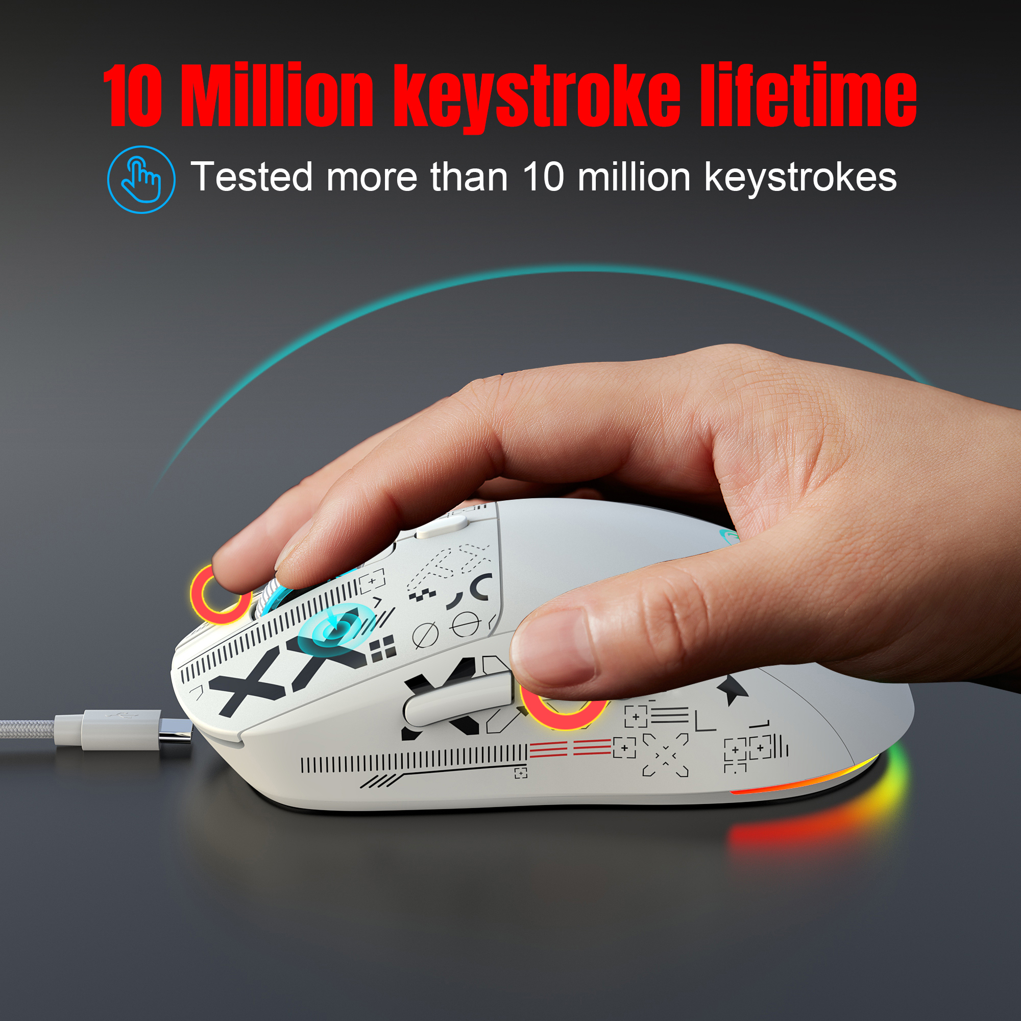 Popularna bezprzewodowa mysz do gier HXSJ T90 2.4G z 3 trybami i ciche przyciskami, ergonomiczna, kolorowa, podświetlana RGB, 650 mAh