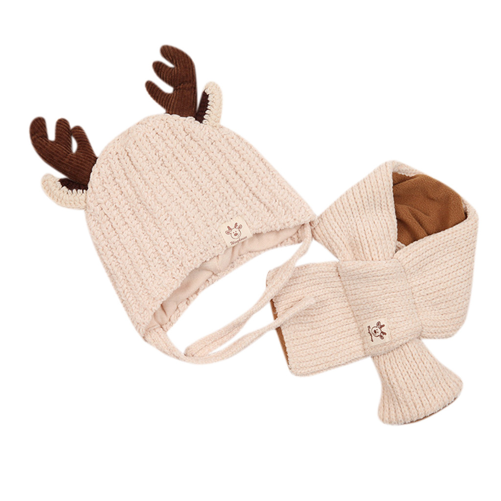 Mode Meisjes & Jongens Winter Warm Haak Knit Cartoon Hoed Beanie Cap Sjaal Set Christmas Delicate voor Kids: Beige