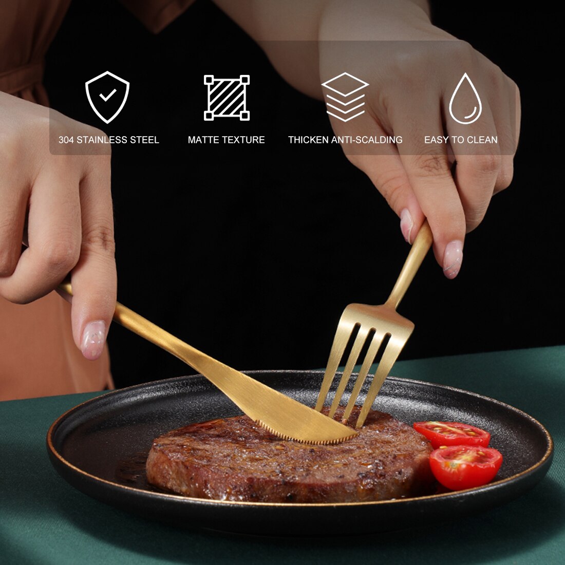 24Pcs Platinum Gold Kitchen Tableware Set Cutlery Set Stainless Steel Dinnerware Set Gold Knife Fork Spoon Dinner Set Dishwashe