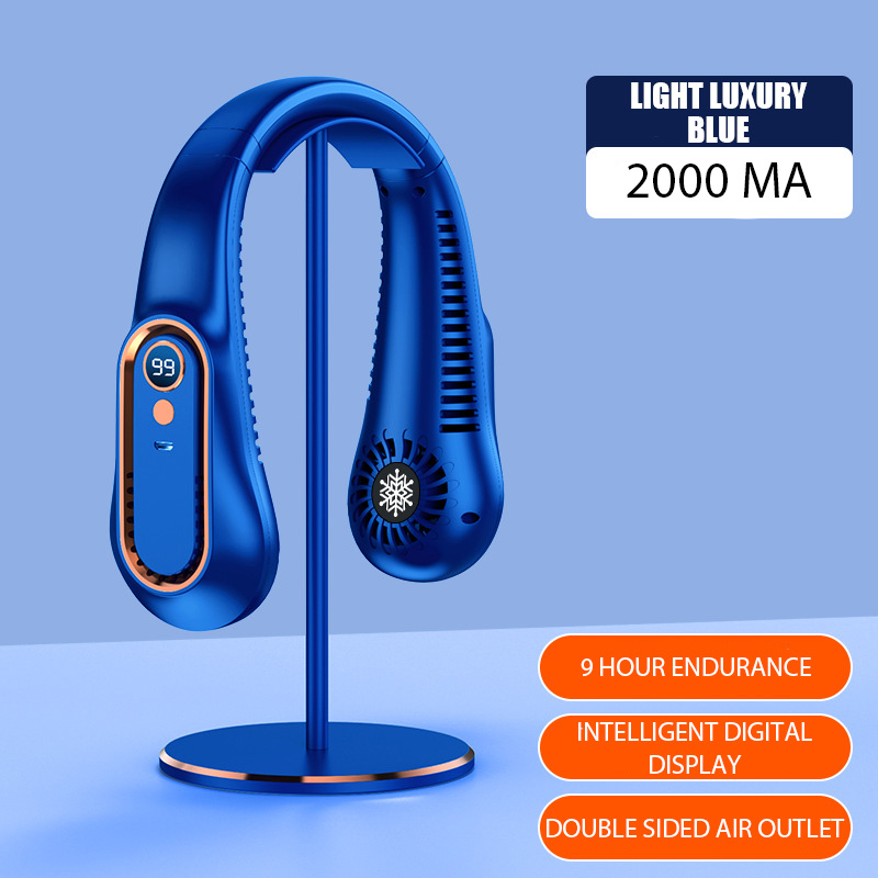 Ventilador de pescoço pendurado portátil bladeless ventilador de pescoço recarregável refrigerador de ar display digital mini fãs de esportes de verão: Azul